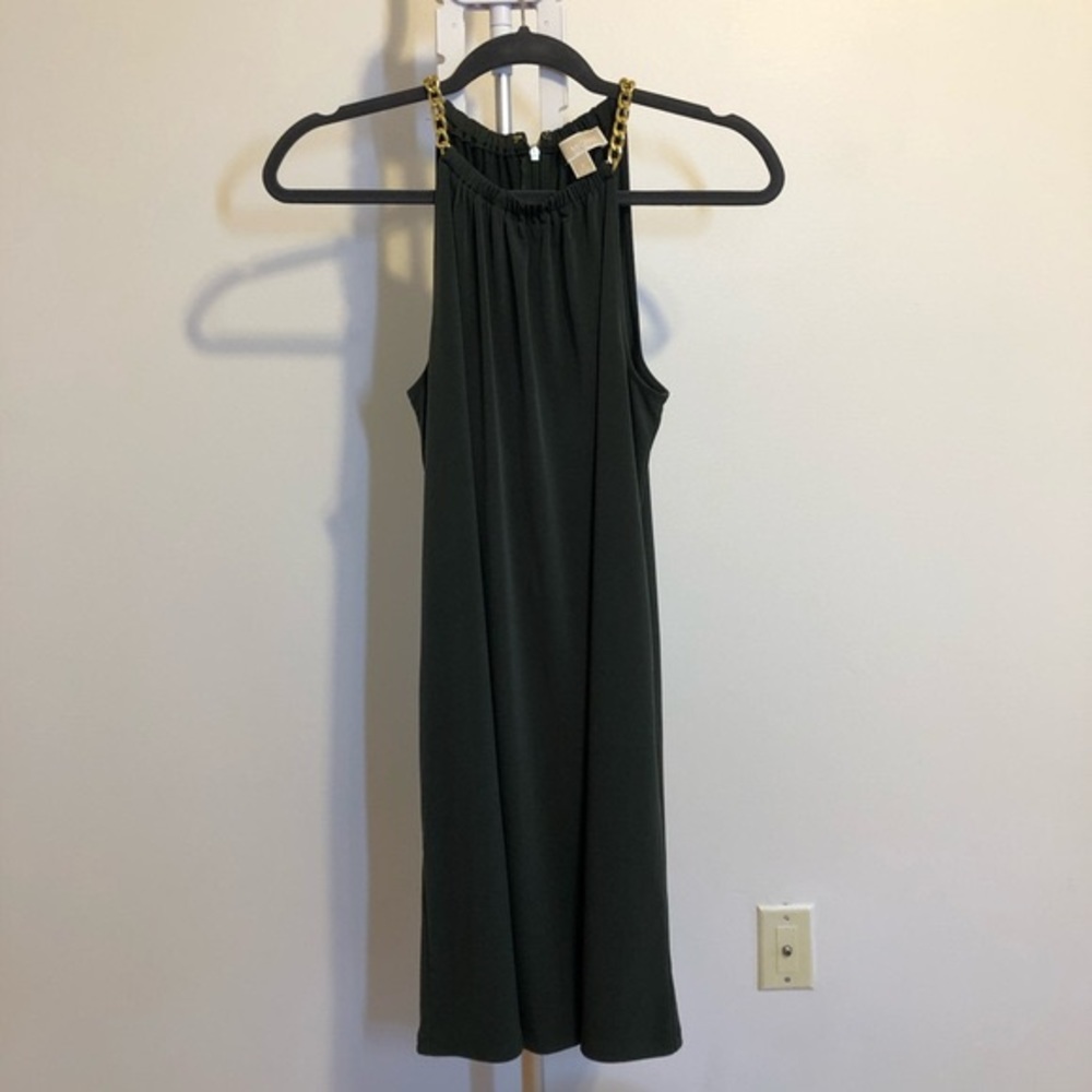 Michael kors olive green flowy midi dress with gold chains